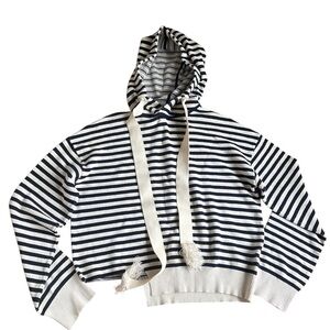 MO&co | navy and cream stripe sweater tassels asymmetrical front cotton blend S
